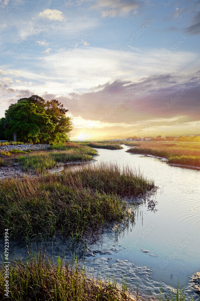 Coastal homes in the distance along the marsh waterways in the Low Country near Charleston SC at sunset