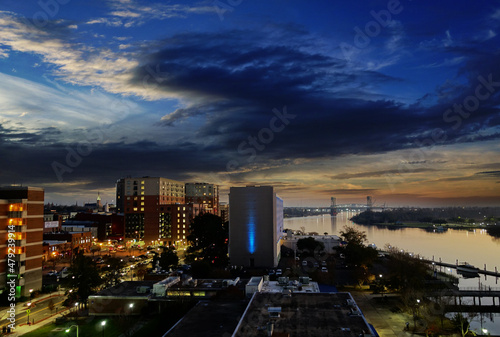 View of downtown Wilmington North Carolina and the Cape Fear River at dusk