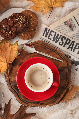 Cup of coffee, plate with c...