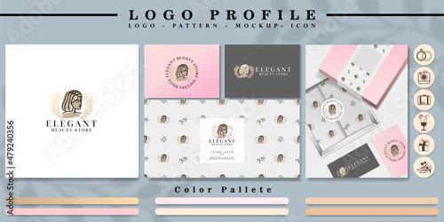 minimalist woman head logo branding with pattern and icon set