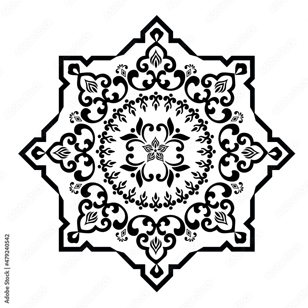 Vector pattern in Eastern style. Ornate element for design and place for text. Ornamental lace pattern for wedding invitations and greeting cards. Traditional pastel decor on light background.
