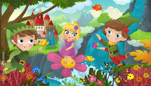 cartoon scene with nature forest cute elf near waterfall and castle