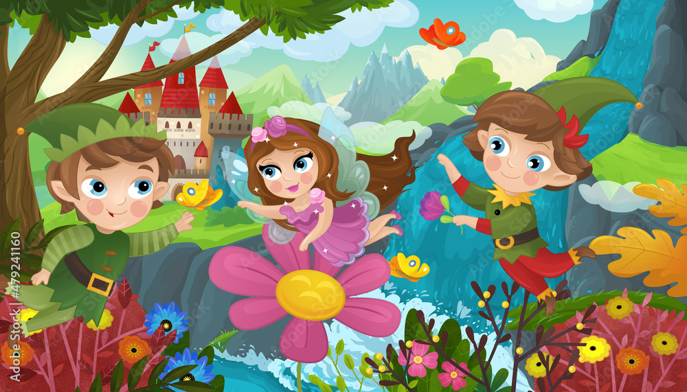 cartoon scene with nature forest cute elf near waterfall and castle cartoon scene with nature forest cute elf near waterfall and castle