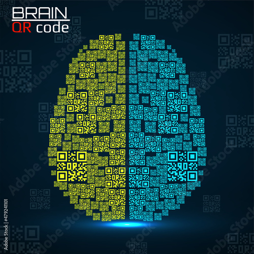 QR code brain. Silhouette human brain with qr code. Technology concept. Vector illustration