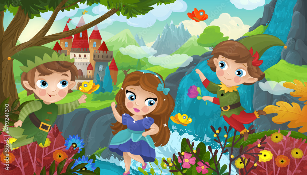 Naklejka premium cartoon scene with nature forest cute elf near waterfall and castle