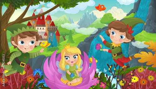 Fototapeta Naklejka Na Ścianę i Meble -  cartoon scene with nature forest cute elf near waterfall and castle