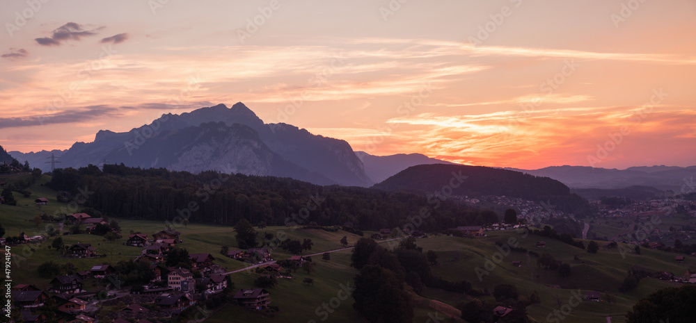 sunset over tourist resort Krattigen, Bernese Oberland switzerland