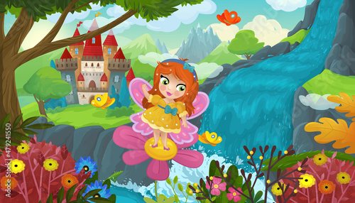 cartoon scene with nature forest cute elf near waterfall and castle