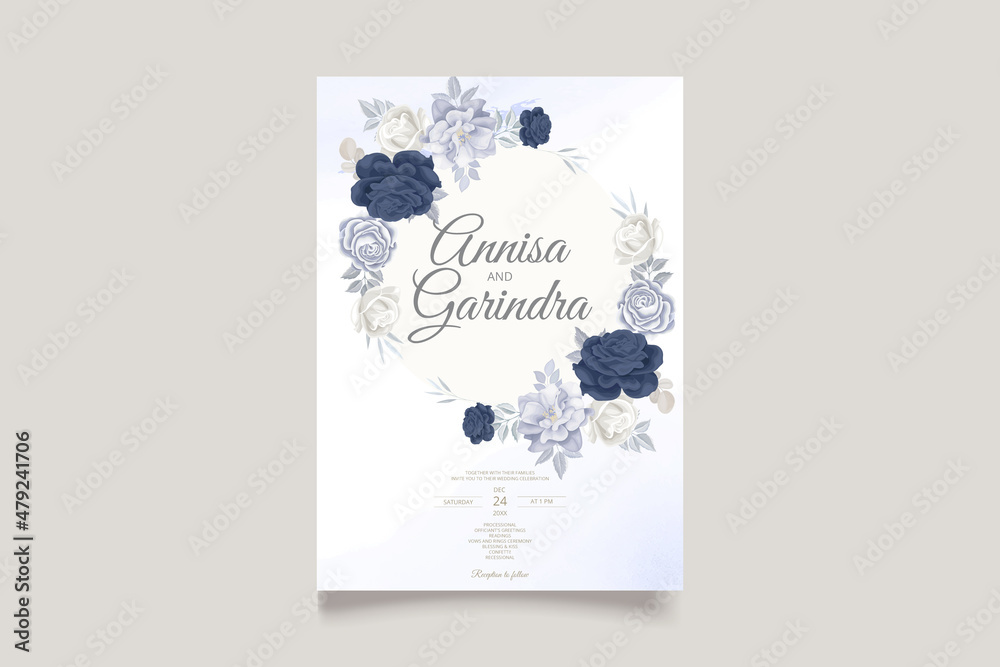 Elegant wedding invitation card with navy blue floral and leaves template Premium Vector	
