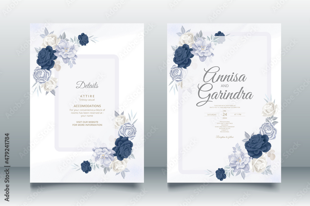 Elegant wedding invitation card with navy blue floral and leaves ...