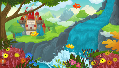 cartoon scene with nature forest cute elf near waterfall and castle