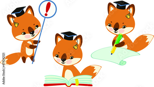 The topic of education and school. Cute characters. The little animal, learns to read, write and memorize. Vector illustration.
