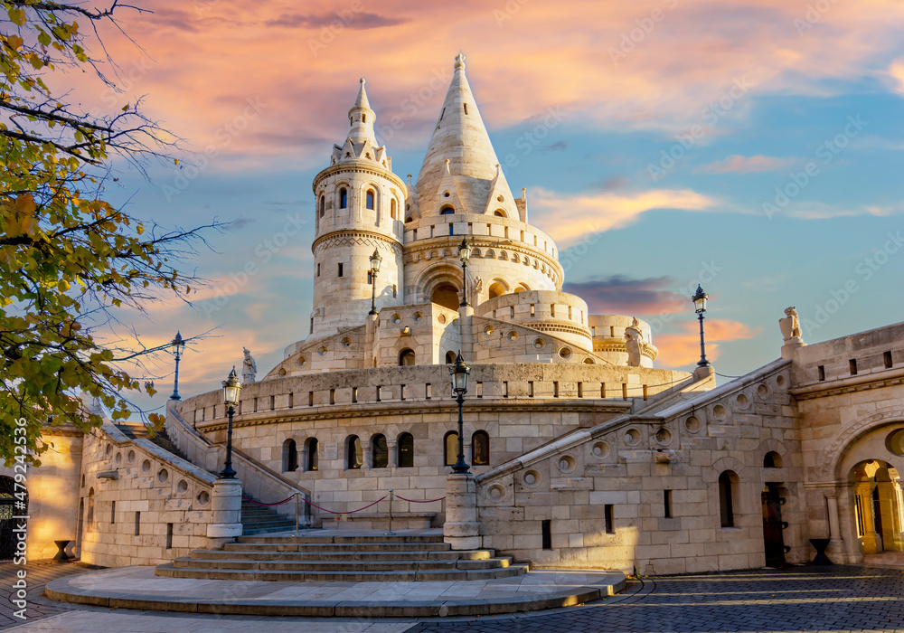 Tower of Fisherman Bastion at sunrise, Budapest, Hungary