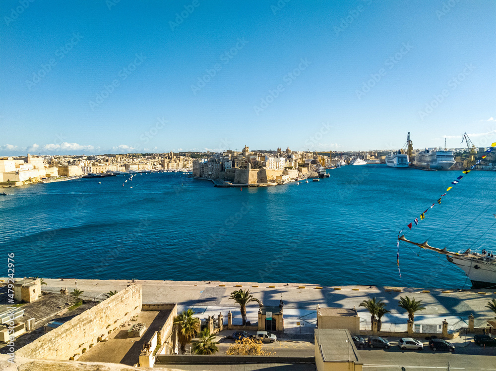 View on Grand habour from Valletta including Isla, Bighu and Bormla