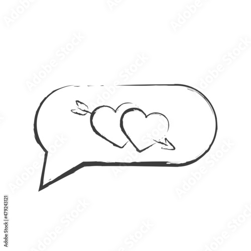 hand drawn valentines message. chat bubble with two hearts with arrow. sketchy love symbol