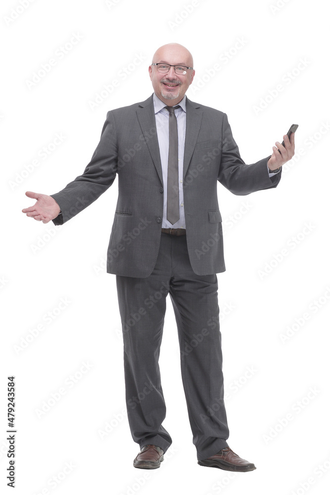 in full growth. business man with a smartphone.