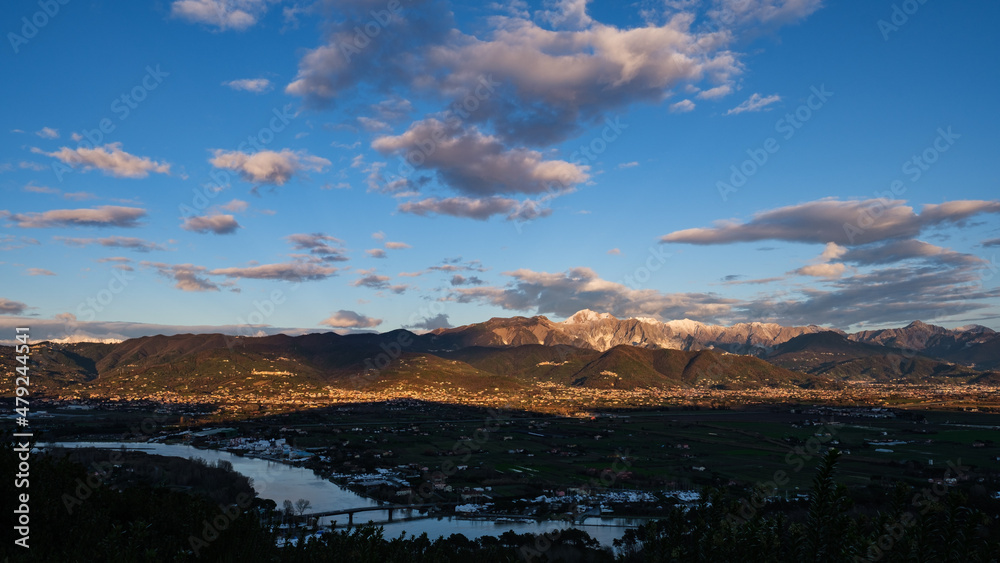 View of Margra River and Carrara Mountains, Liguria, Italy