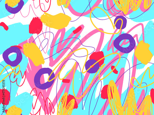 Seamless abstract doodle background pattern in bright summer positive colors. Hand-drawn abstract pattern with randomly arranged spots and dots and lines. Pencil and paint texture.