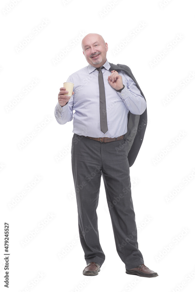businessman with a takeaway coffee and a jacket over his shoulder. businessman with a takeaway coffee and a jacket over his shoulder.