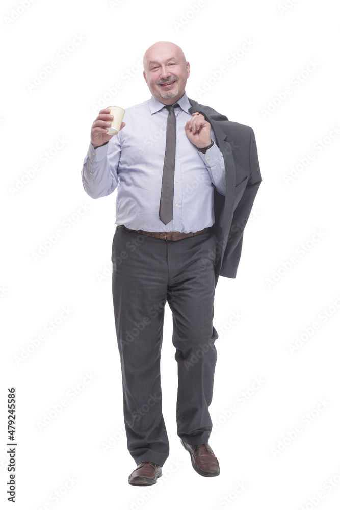 businessman with a takeaway coffee and a jacket over his shoulder. businessman with a takeaway coffee and a jacket over his shoulder.