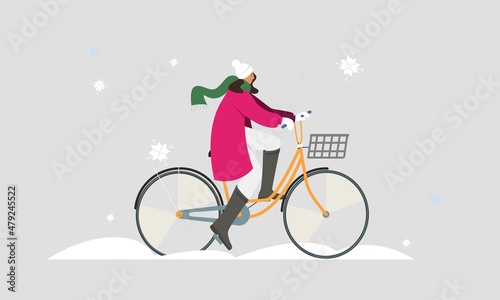 Girl rides a bicycle under snow fall in winter in warm clothing . Flat vector illustration