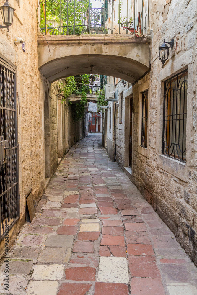 Narrow alley in the Old Town of Kotor, Montenegro