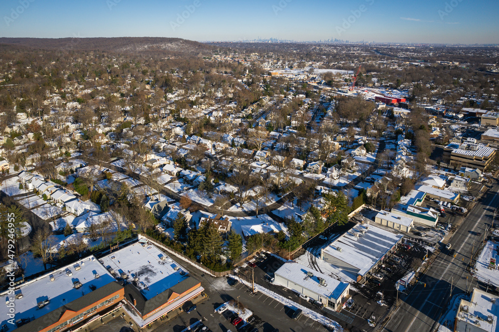 Aerial Drone of Snow in Springfield New Jersey