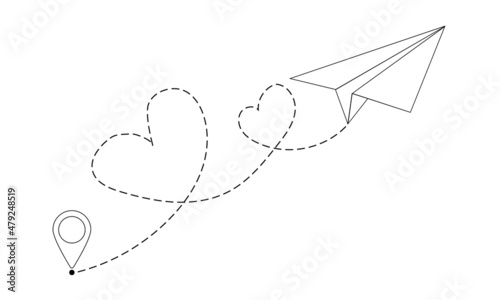 Flying paper airplane with dotted air route and map pointer.Paper plane line icon with a hearts.Valentines Day.Love travel route.Airplane line path icon .Heart path.