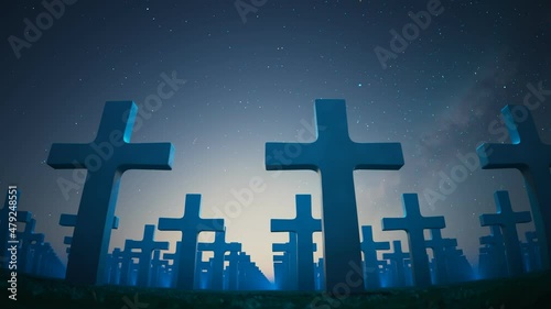 Churchyard. Endless view at the Christian crosses cemetery. Night sky. 4k HD