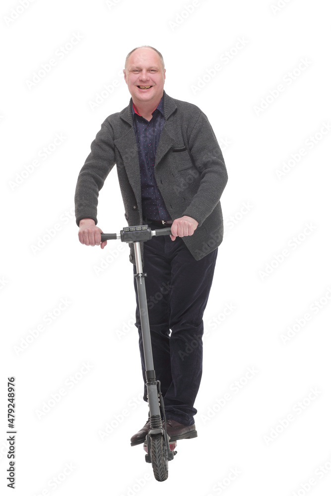 happy casual man with electric scooter .isolated on a white background. happy casual man with electric scooter .isolated on a white background.