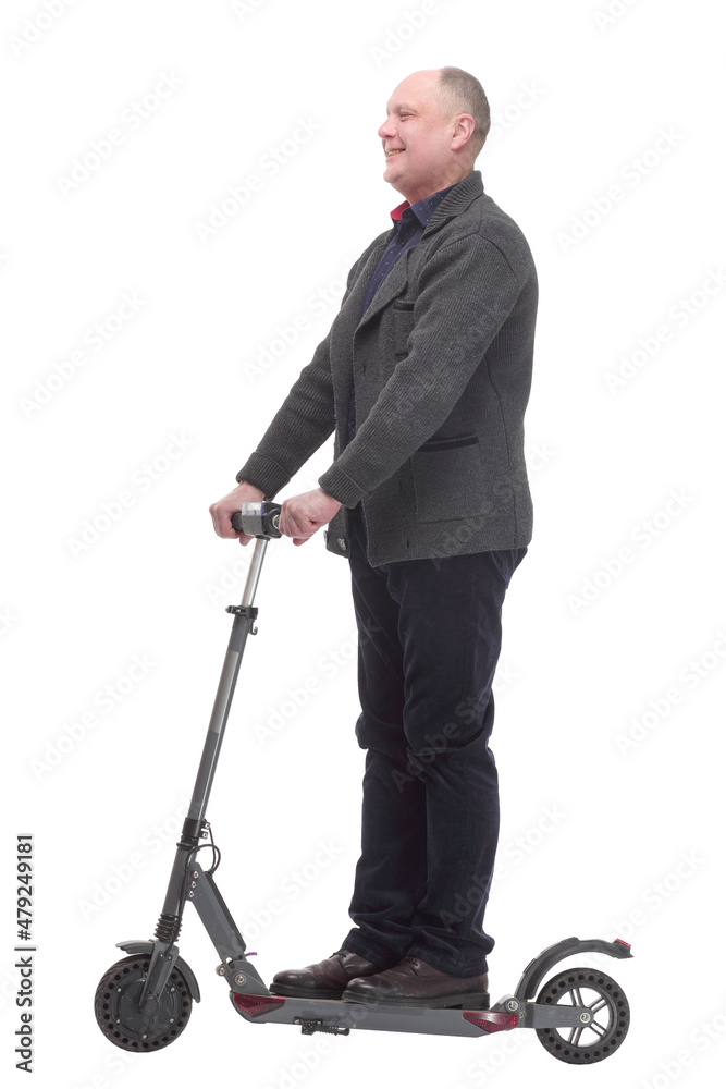 happy casual man with electric scooter .isolated on a white background. happy casual man with electric scooter .isolated on a white background.