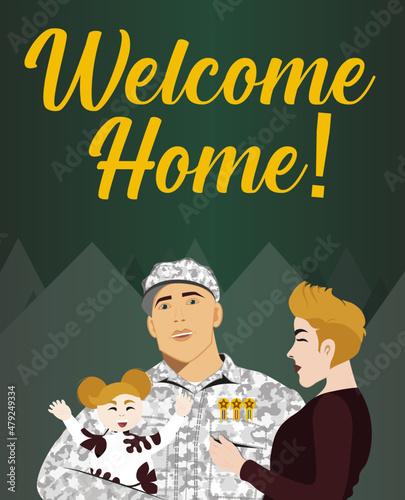Soldado, militar volviendo a casa. Feliz esposo y padre abrazando a su esposa e hijo, ilustración vectorial. Relación familiar.