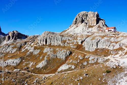 Принти на полотні Mountain peak of Paternkofel or Monte Paterno, natural park of Tre Cime di Lavaredo or Drei Zinnen, Sesto or Sexten Dolomites, UNESCO world heritage site, Veneto, Trentino-Alto Adige, Italy, Europe