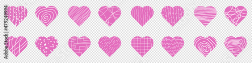 Big set of pink hearts. Vector illustration heart shapes. Cute hand drawn doodle hearts. Romantic background
