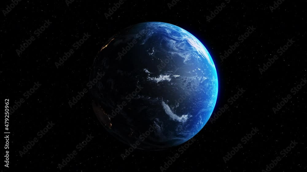 Seamless loop footage of planet earth whole round 3D orbital rotation with day night transition . 360 degree spinning globe sphere with realistic geography .