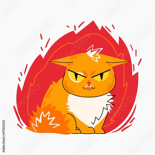 Cute angry red cat sitting with frowning face expression in fire. Isolated on white background. Adorable dissatisfied kitten. Flat vector illustration.