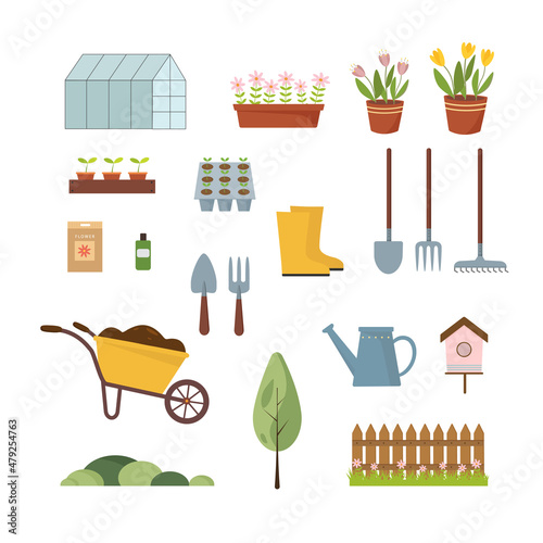 Set of garden tool vector for work on farm isolated on white background