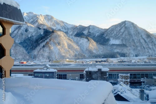 Morning snowscape in Echigoyuzawa, Niigata, Japan, 2022/1/1 photo