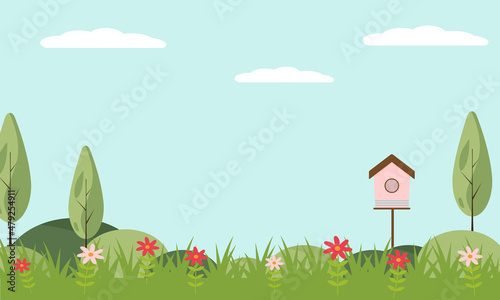 Spring landscape in the garden with green grass  flower 
