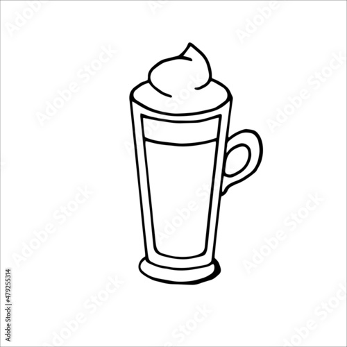 Graphic Tall coffee glass. Latte with froth. Doodle element for design