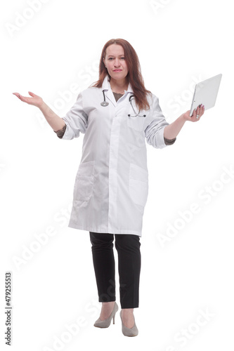 mature female doctor with a digital tablet. isolated on a white background.