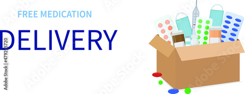 Free pharmacy home safe delivery service during quarantine. Vector 3d isometric illustration for banner, poster design template.
