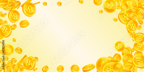 Bitcoin, internet currency coins falling. Lively scattered BTC coins. Cryptocurrency, digital money. Admirable jackpot, wealth or success concept. Vector illustration.