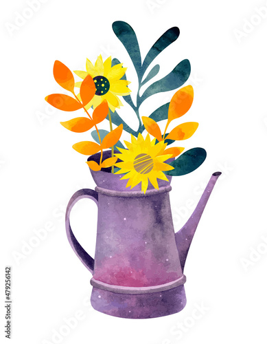 Watercolor vintage watering can with a beautiful bouquet of fresh flowers. Yellow bloominf flowes among autumn leaves photo