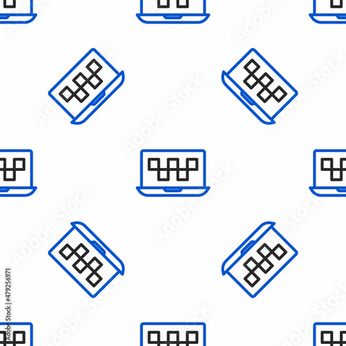 Line Laptop call taxi service icon isolated seamless pattern on white background. Colorful outline concept. Vector