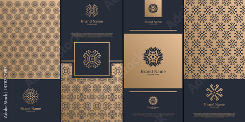 Luxury logo and gold packaging design. nature, luxury lotus, wellness, flower, pattern.