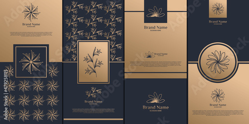 Luxury logo and gold packaging design. nature, luxury lotus, wellness, flower, pattern.