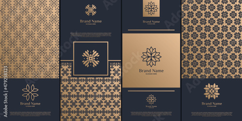 Luxury logo and gold packaging design. nature, luxury lotus, wellness, flower, pattern.