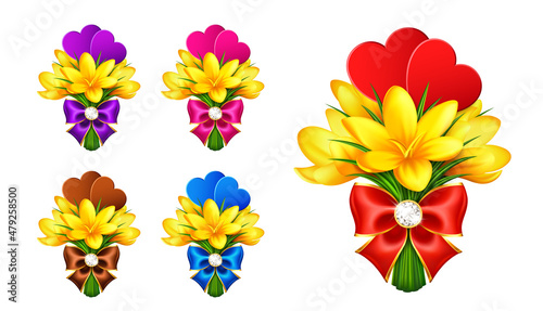 Collection of crocuses spring flowers with bows and two hearts isolated on a white background. Spring crocus bouquet is perfect for greeting holiday cards, stickers and gift certificates