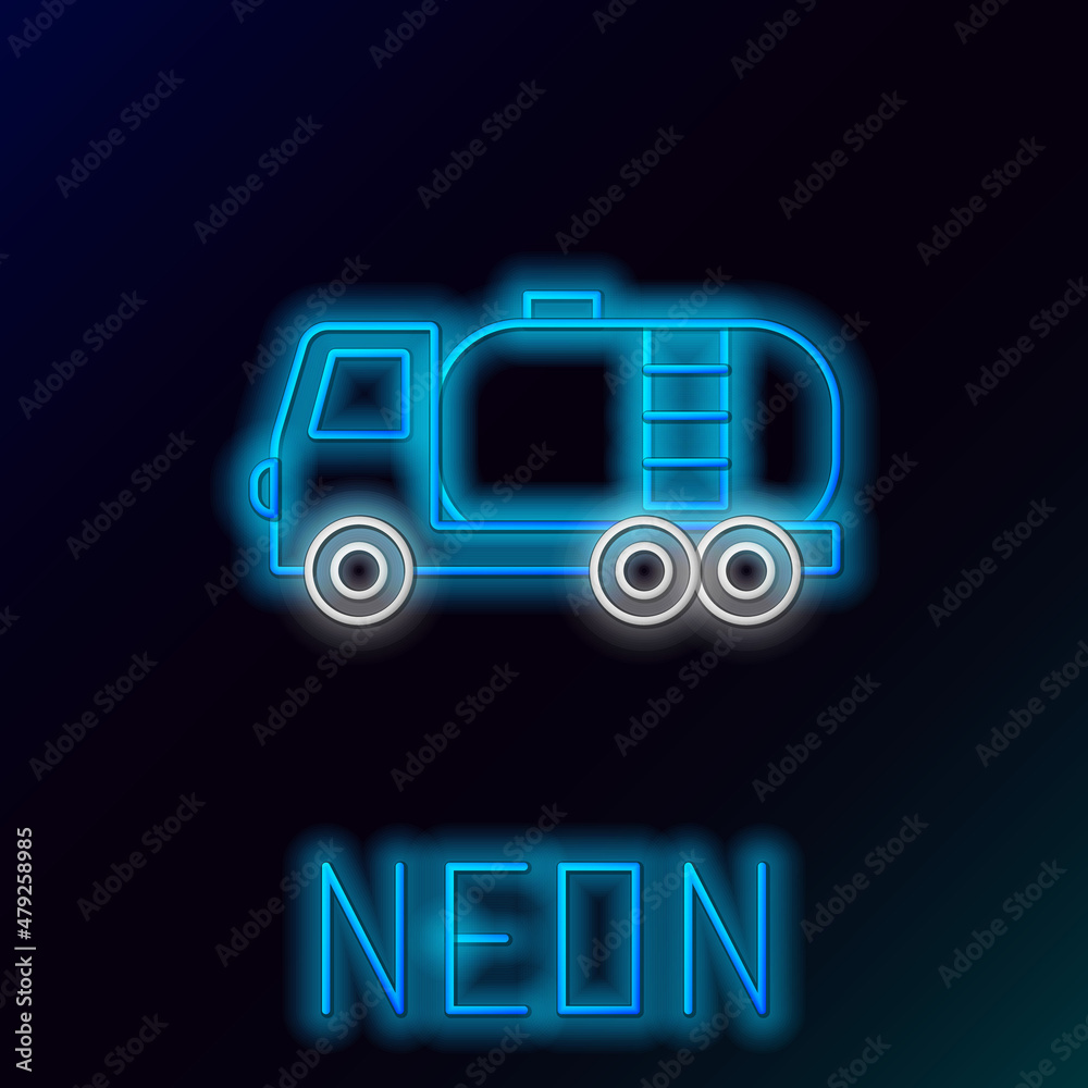 Glowing neon line Tanker truck icon isolated on black background. Petroleum tanker, petrol truck, cistern, oil trailer. Colorful outline concept. Vector